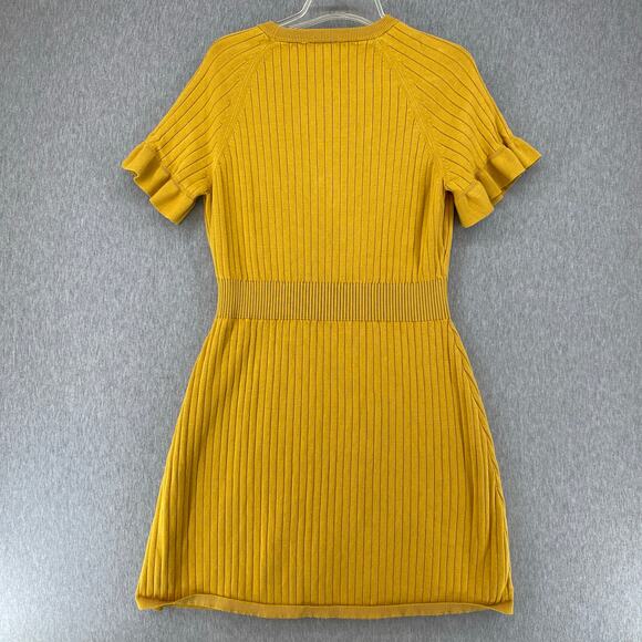 Calvin Klein Ribbed Knit Fit & Flare Ruffled Sleeve Gold Sweater Dress XL - Picture 4 of 7